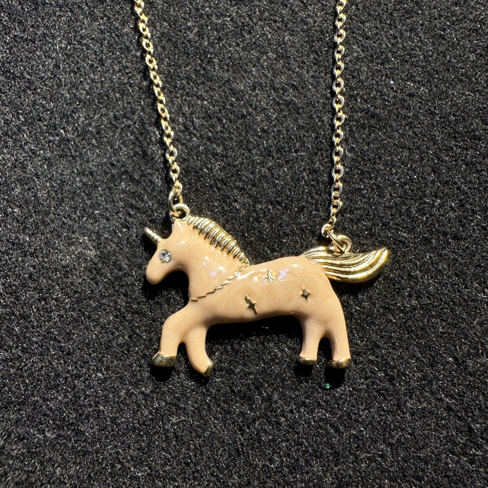 Pink Enamel Unicorn Pendant Necklace Gold Tone Rhinestone Eye Whimsical Jewelry